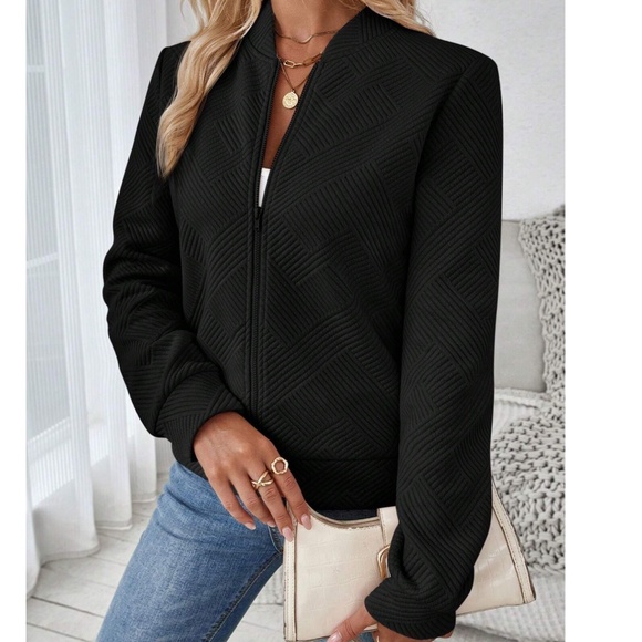 Classic Zip up Textured Oversized Bomber Jacket - Picture 4 of 11